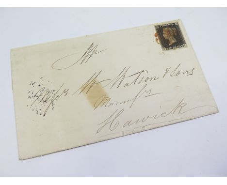 GB 1840 1d Penny Black (G-I) identified as likely Plate 3, 4 margins, light vertical file fold through stamp, no tears, on le