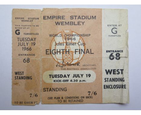 1966 World cup match ticket, 19th July, Eighth final, played at Wembley (Brown ticket)