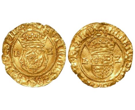 Henry VIII gold halfcrown, Second Coinage 1526-1544, uncrowned h K each side, mm.Rose/Lis, Spink 2286, found Suffolk, round a