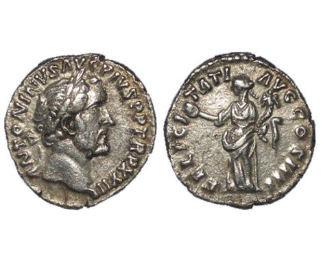 Antoninus Pius silver denarius, Rome Mint 159-160 A.D., reverse reads:- FELCITATI AVG COS IIII, Felicitas-Providentia standin