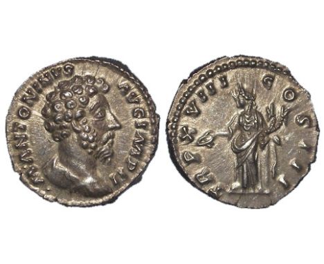 Marcus Aurelius silver denarius, Rome Mint 164 A.D.,reverse reads:- TR P XVIII COS III, Concordia standing front, head left, 