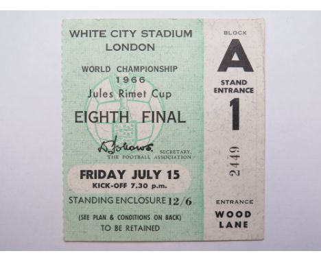 1966 World cup match ticket, 15th July, Eighth final, played at White City Stadium(Green ticket)