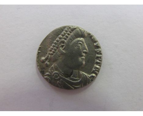 Roman Imperial silver siliqua, reverse VRBS ROMA type, mint possibly TRS, Trier?, bankers mark on lower portrait, clipped, NV