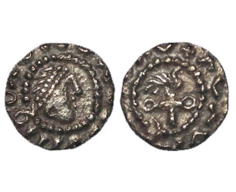 Anglo-Saxon silver sceat, from the Primary Phase, Series B, Diademed bust, right within serpent circle / Bird on cross, right