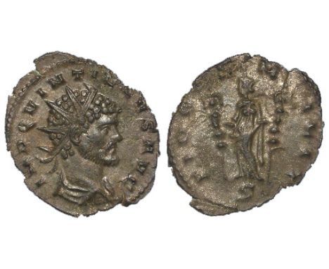 Quintillus, silver washed antoninianus, Milan Mint 270 A.D., reverse reads:- FIDES MILIT, Fides Militum standing left, holdin