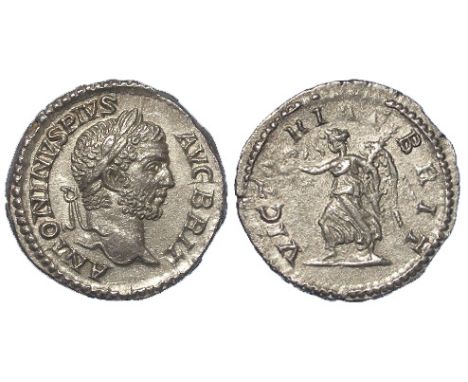 Caracalla silver denarius, Rome Mint 210 A.D., reverse reads:- VICTORIAE BRIT [ Victory in Britannia], Victory advancing left