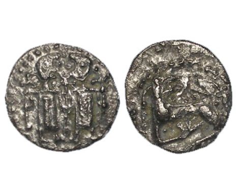 Anglo-Saxon silver sceat, from Series O, varieties A to D, Two standing figures with long crosses / Monster left, with head t