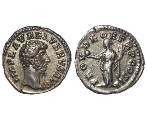 Lucius Verus silver denarius, Rome Mint 163 A.D., reverse reads:- PROV DEOR TR P III COS II, Providentia standing left, holdi