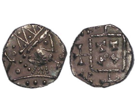 Anglo-Saxon sceat, Primary Phase, c.680-c.710, Series C, Variety C2, Radiate bust right, legend off flan / Standard reading T