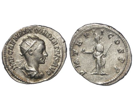 Gordian III silver antoninianus, Rome Mint 239 A.D. reverse reads:- P M TR P II COS P P , Providentia standing left, holding 