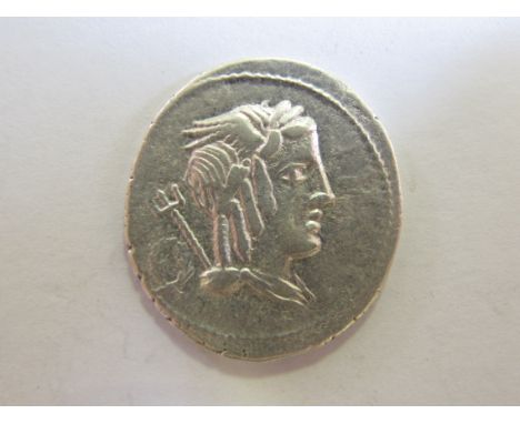 Roman Republican silver denarius of L.Julius Bursio, 85 B.C., Bust of male, right with attributes of Apollo, Mercury and Nept