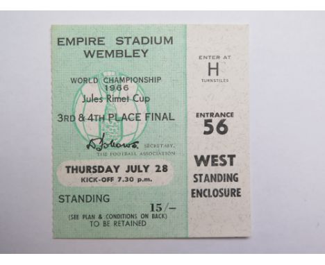 1966 World cup match ticket, 28th July, 3rd & 4th place final, played at Wembley (Green ticket)