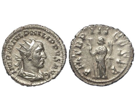 Philip I silver antoninianus, Rome Mint 246 A.D., reverse reads:- P M TR P III COS P P, Felicitas standing left, holding long