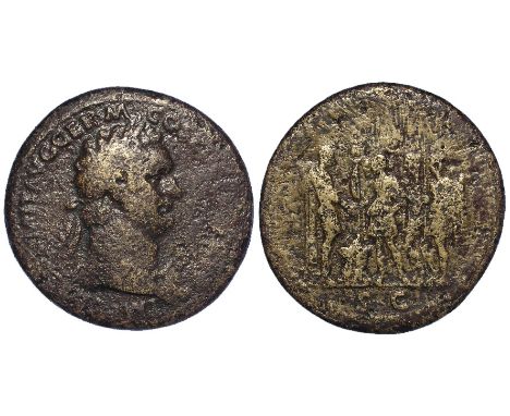 Domitian brass sestertius, Rome Mint 85 A.D., reverse:- S C in exergue, Domitian, togate, standing right, clasping hands over