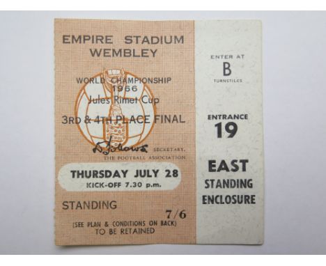1966 World cup match ticket, 28th July, 3rd & 4th place final, played at Wembley (Brown ticket)