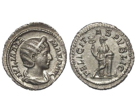 Julia Mamaea silver denarius, Rome Mint 228 A.D., reverse reads:- FELICITAS PVBLICA, Felicitas standing, head left, resting o