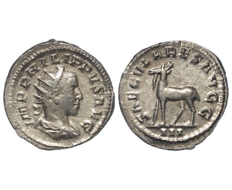 Philip II silver antoninianus, Rome Mint 248 A.D., reverse reads:- SAECVLARES AVGG, Elk walking left, officina mark III in ex