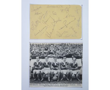 Portsmouth FC 1954/55 nice presentation piece of team photo from a magazine and an album page signed in ink by 20 players, in