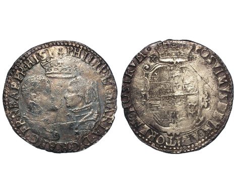 Philip and Mary silver shilling, undated, Spink 2501A, with old ticket, light scuffs, full, round, well centred, F/GF