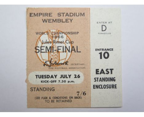 1966 World cup match ticket, 26th July, Semi-Final, played at Wembley (Brown ticket)