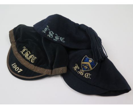 Football & Cricket Caps for Leys School Cambridge, one dark blue with light blue L.S.F.C., the other with wire to cap L.S.F.C