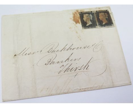 GB 1840 1d Penny Black x2 (M-J and M-K) identified as likely Plate 3, 3 margins, vertical filing crease through left stamp, n