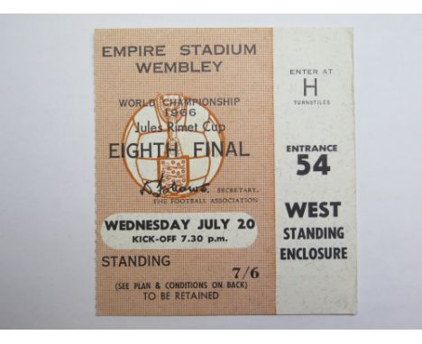 1966 World cup match ticket, 20th July, Eighth Final, played at Wembley (Brown ticket)
