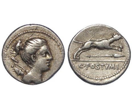 Roman Republican silver denarius of C.Postumius Ta of c.74 B.C., Draped bust of Diana, right, bow and quiver over shoulder / 