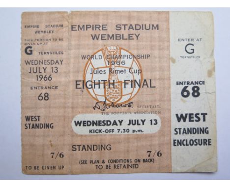 1966 World cup match ticket, 13th July, Eighth final, played at Wembley (Brown ticket)