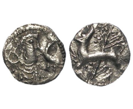 Anglo-Saxon silver sceat from the Kentish series 'K', Type 42, Diademed bust, right, bird before / Hound left, looking up and