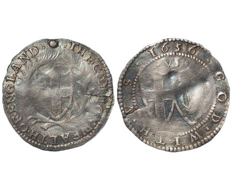 Commonwealth sixpence 1656, mm. Sun, Spink 3219, with old ticket, round and well centred, cracked obverse 3 o'clock, lightly 