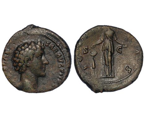 Marcus Aurelius under Antoninus Pius, copper as, Rome Mint 143 A.D., reverse:- Juventas standing left, sacrificing over cande