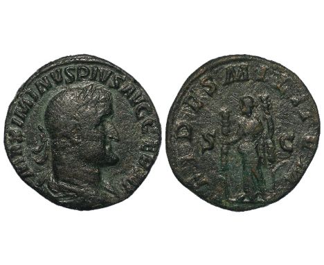 Maximinus I brass sestertius, Rome Mint 235-236 A.D., reverse reads:- FIDES MILITUM S C , Fides Militum standing left, holdin