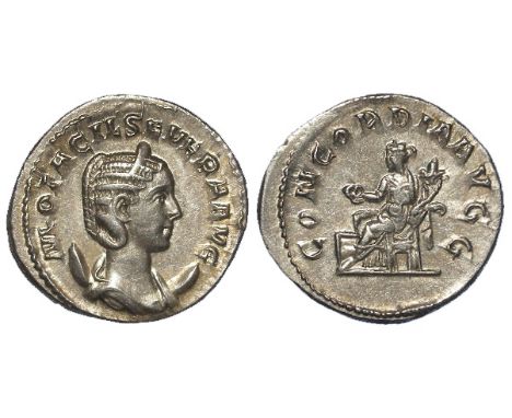 Otacilla Severa silver antoninianus, Rome Mint 245-247 A.D., reverse reads:- CONCORDIA AVGG, Concordia seated left, holding p