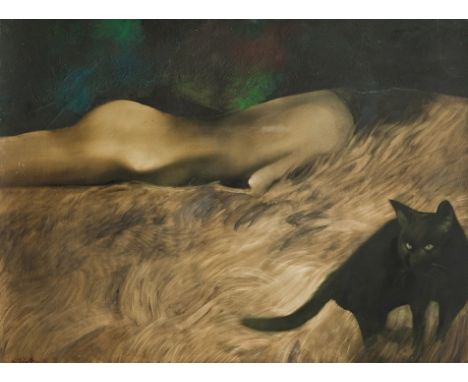 * NEIL DALLAS BROWN (SCOTTISH 1938 - 2003), SLEEPING WOMAN & CAT (1973) oil and mixed media on board, signed  122cm x 163cm F