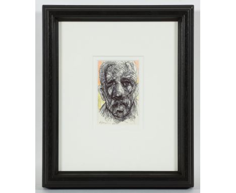 * PETER HOWSON OBE, MALE HEAD STUDY mixed media on paper, signed and dated 2010 13cm x 8.5cm Mounted, framed and under glass