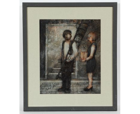 * PETER WHITE, A MAN, A WOMAN AND A LADDER mixed media on paper, signed, titled and dated 1989 verso 40.5cm x 33cm Mounted, f