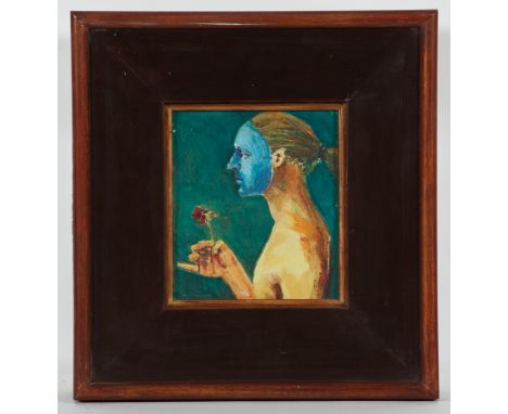 * CONRAD NELSON (SCOTTISH), SELF PORTRAIT WITH PAINTED FACE HOLDING A FLOWER mixed media, signed and dated '92 18cm x 14.5cm 