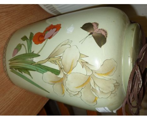 Large green glazed lamp base with transfer printed floral pattern