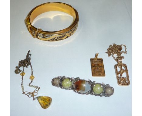 Gold plated pendant and one other necklace and pendant , hindged bangle, Scottish hardstone brooch and butterfly and cut glas