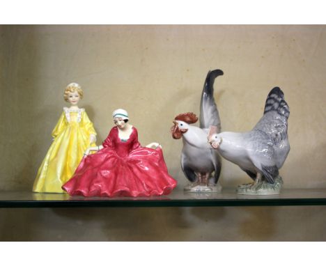 A Royal Copenhagen cockerel and hen, a Royal Doulton figure and Royal Worcester figure