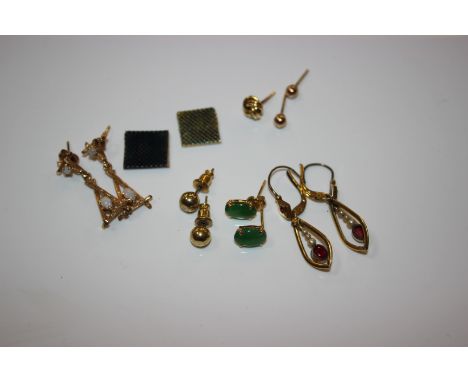 A pair of 14K gold and opal earrings, a pair of gold and jadeite earrings and other earrings