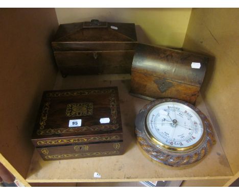 A sarcophagus tea caddy, a domed box, a jewellery box and a circular barometer (4)