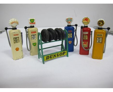 Five Britains Die Cast Petrol Pumps, Shell, BP, Mobil Gas, National Benzole and Super Fina. Together with an original Dinky #