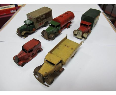 Five Pre-War Tri-ang Minic Tin Plate Clockwork Commercial Vehicles, #15m second series fixed 'BP' petrol tanker, green standa
