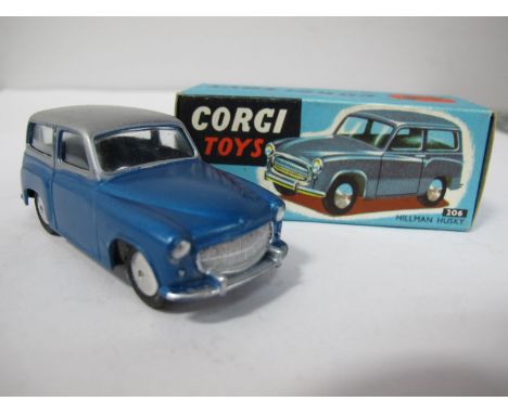 A Boxed Original Corgi #206 Hillman Husky Estate, metallic blue and silver body, flat spun hubs, model is near mint-one tiny 