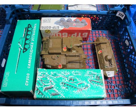 Three Boxed Russian Made 1;43rd Scale Diecast Tanks/Armoured Car, models in good order, boxes with repaired flaps.