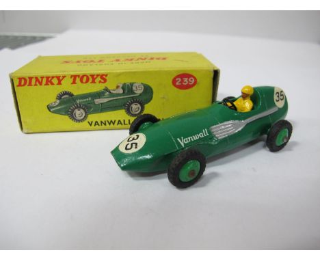 A Boxed Original Dinky #239 Vanwall Racing Car, green body, R.N.35. yellow driver, green hubs, 'Vanwall' Logo's, matt black b