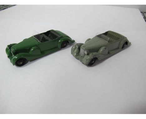 Two Original Dinky #38C Laconda Sports Coupe's, one green body, dark green seats, the other light grey body, mid grey seats. 