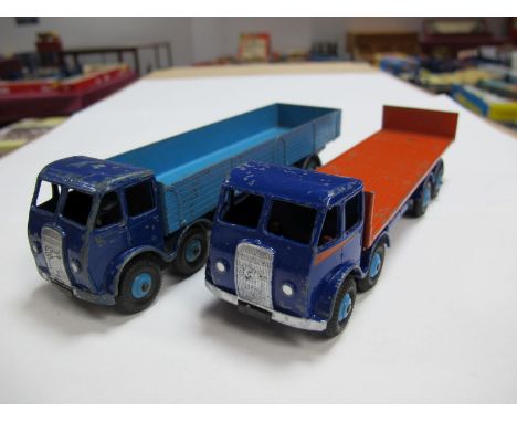 Two Original Dinky Foden Trucks #501 Diesel Eight Wheel Wagon, first type cab, dark blue cab and chassis. Mid blue back, flas